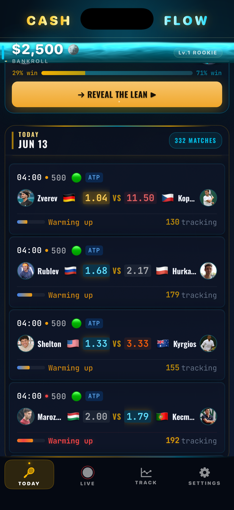 THE EDGE board — live match cards with odds and player photos
